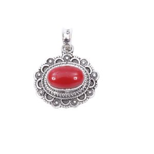 Oval Coral Stone Silver Pendant