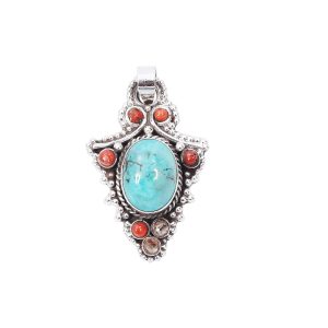 Turquoise and Coral Silver Pendant