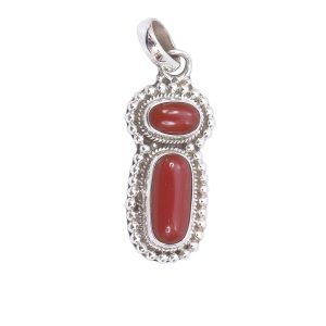 Red Coral Stone Silver Pendant