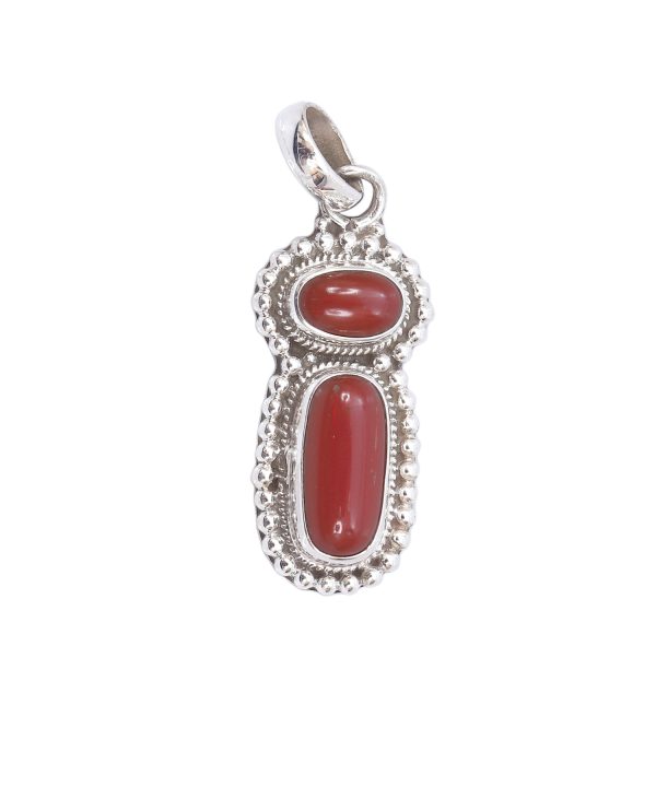 Red Coral Stone Silver Pendant