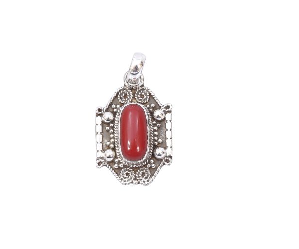 Red Coral Stone Silver Pendant