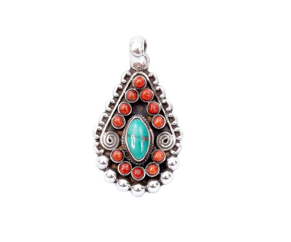 Turquoise and Coral Silver Pendant